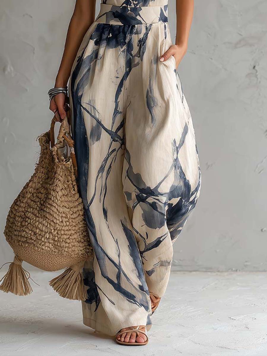 Eleonora - Tutta halter beige con stampa effetto tie-dye blu