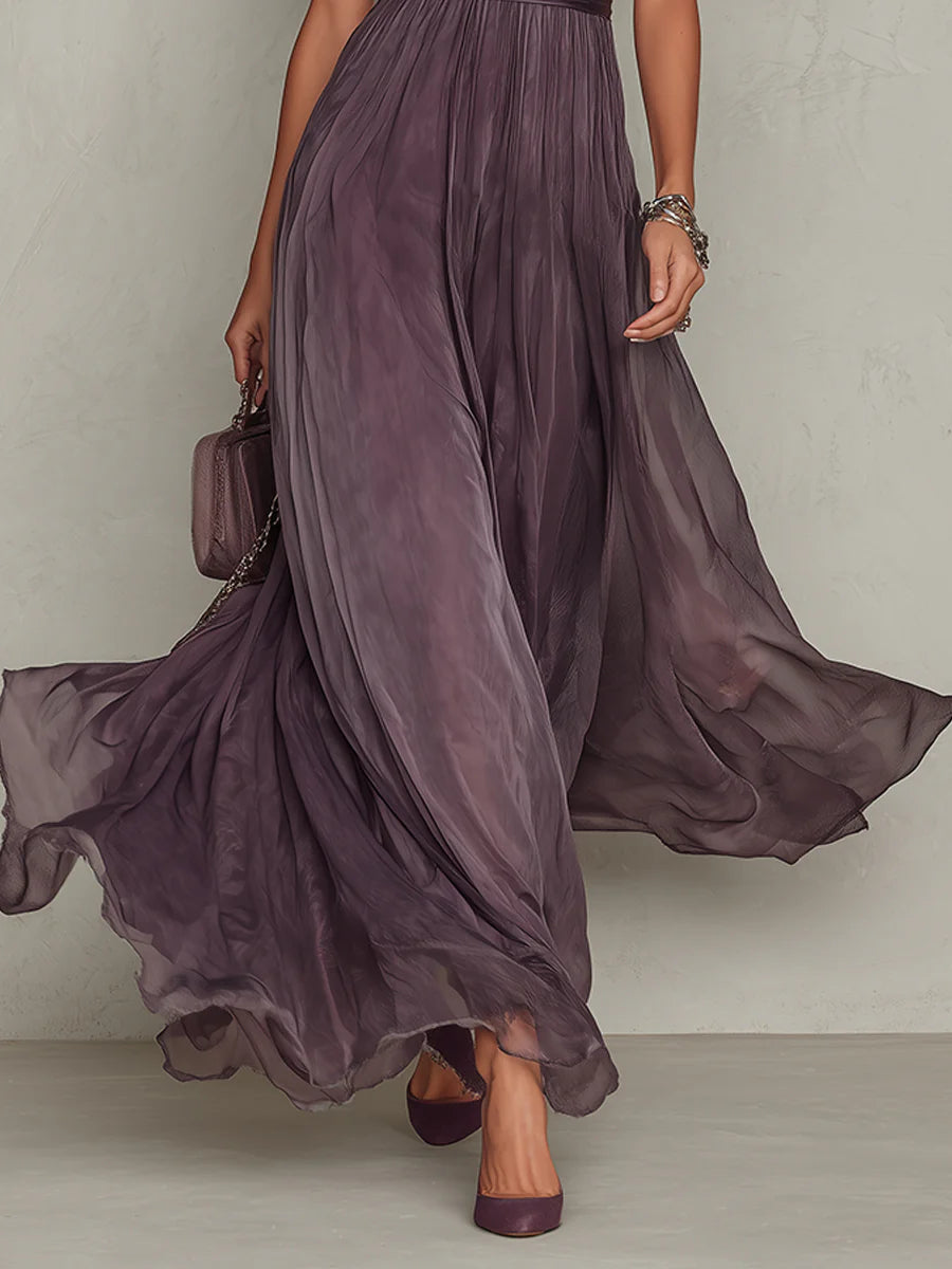 Flavia - Vestito lungo viola con scollo a chiave, bordo in pizzo di chiffon