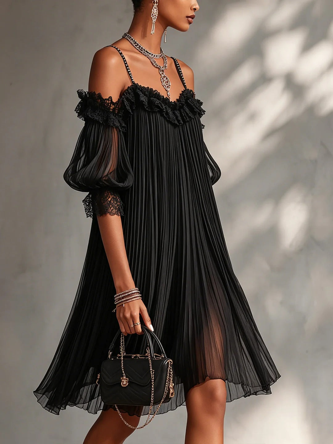 Vittoria - Miniabito nero in chiffon con spalle scoperte