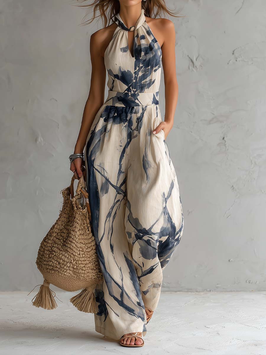 Eleonora - Tutta halter beige con stampa effetto tie-dye blu