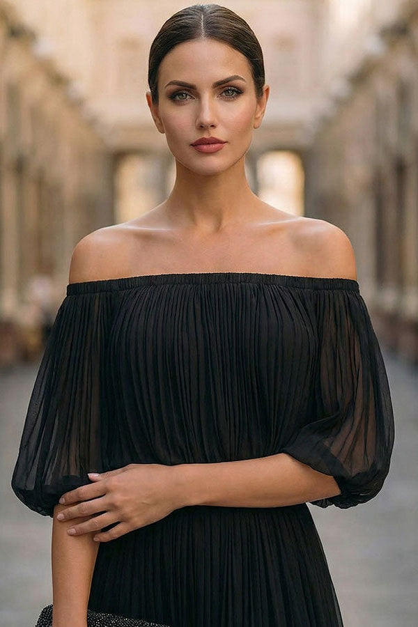 Luana - Abito lungo plissettato con spalle scoperte