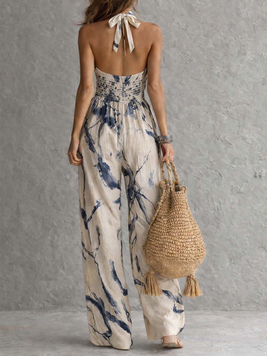 Eleonora - Tutta halter beige con stampa effetto tie-dye blu