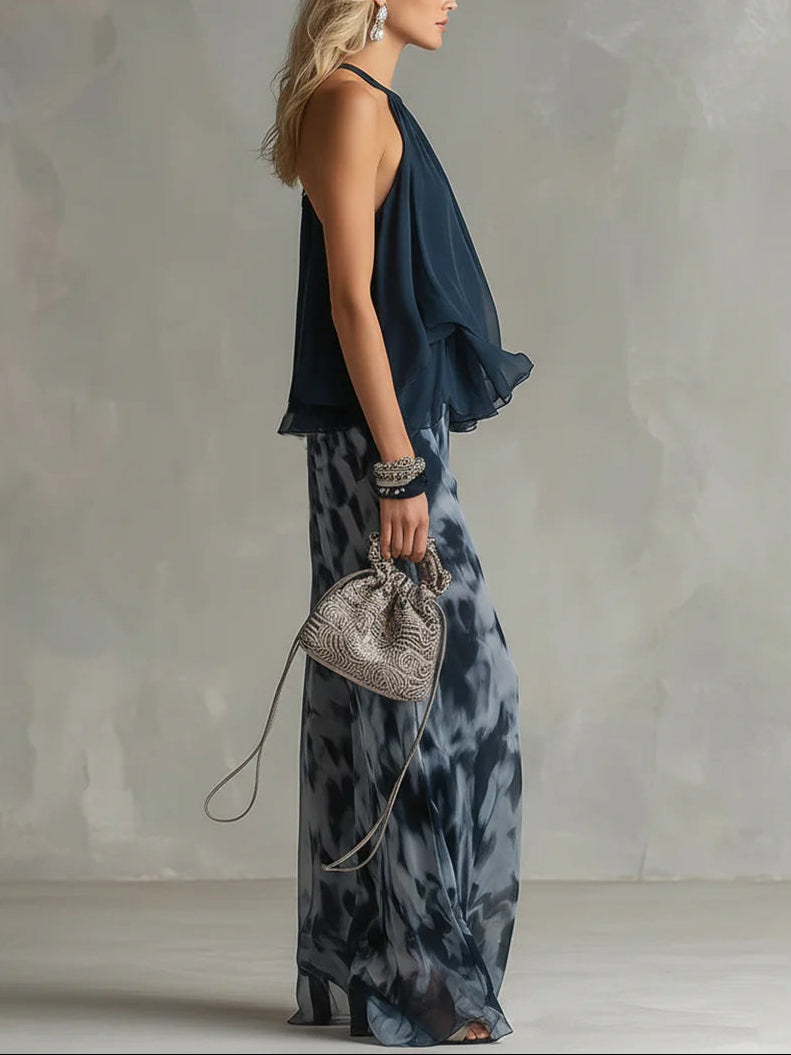 Leidy - Top blu navy con scollo all'americana e pantaloni stampati a gamba larga
