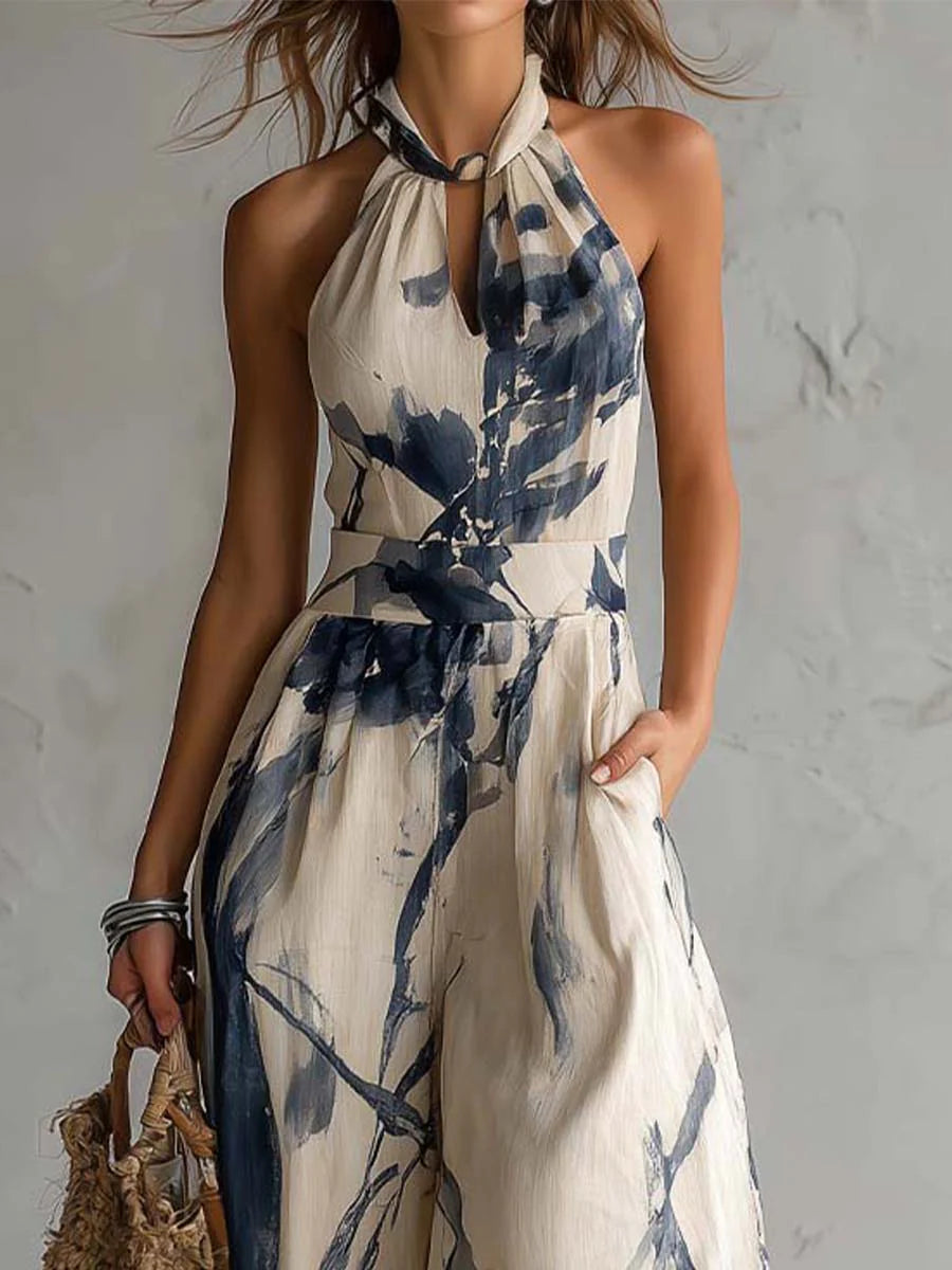 Eleonora - Tutta halter beige con stampa effetto tie-dye blu