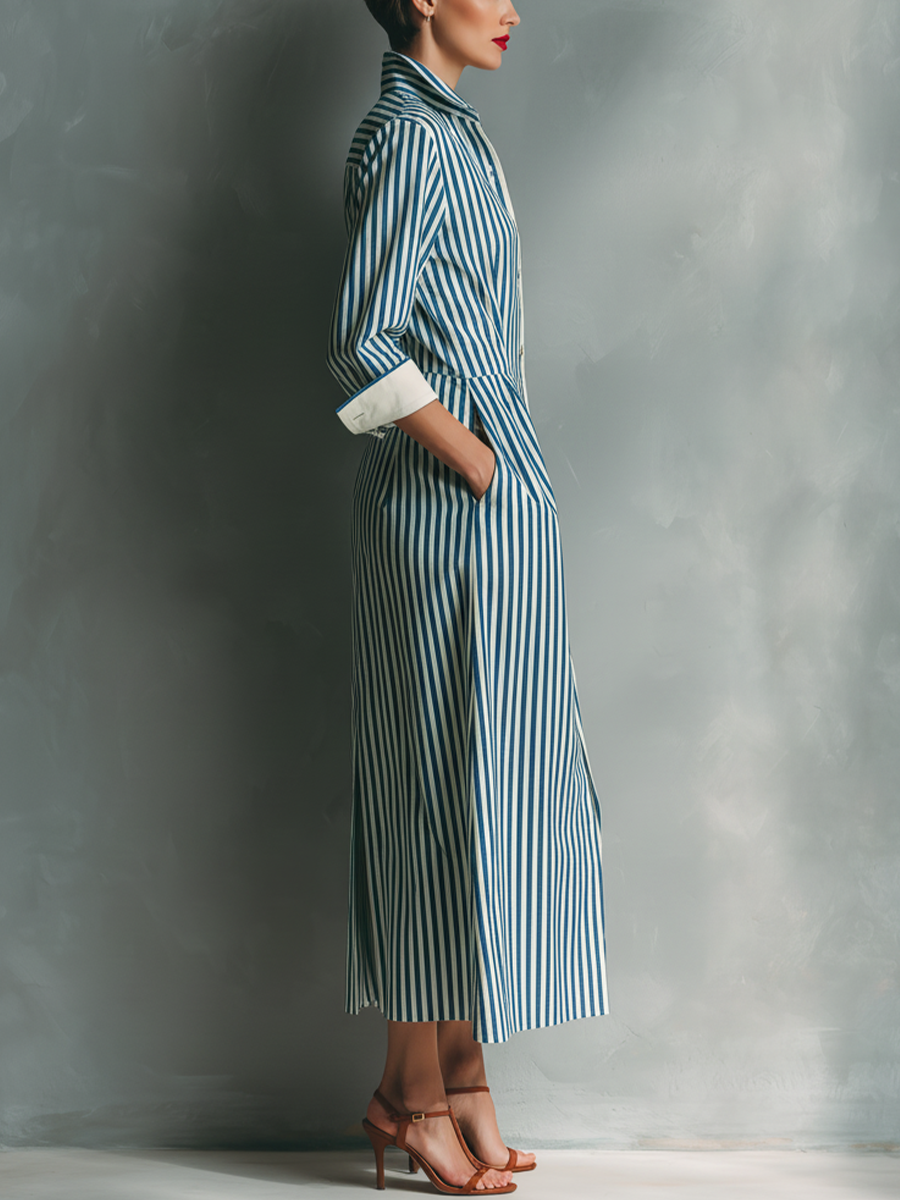 Celeste - Vestito camicia a righe con taschino rosso sul petto