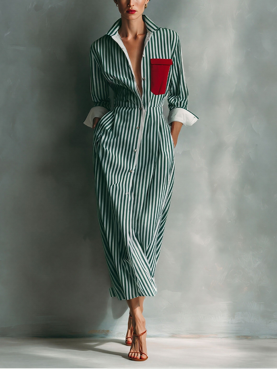 Celeste - Vestito camicia a righe con taschino rosso sul petto
