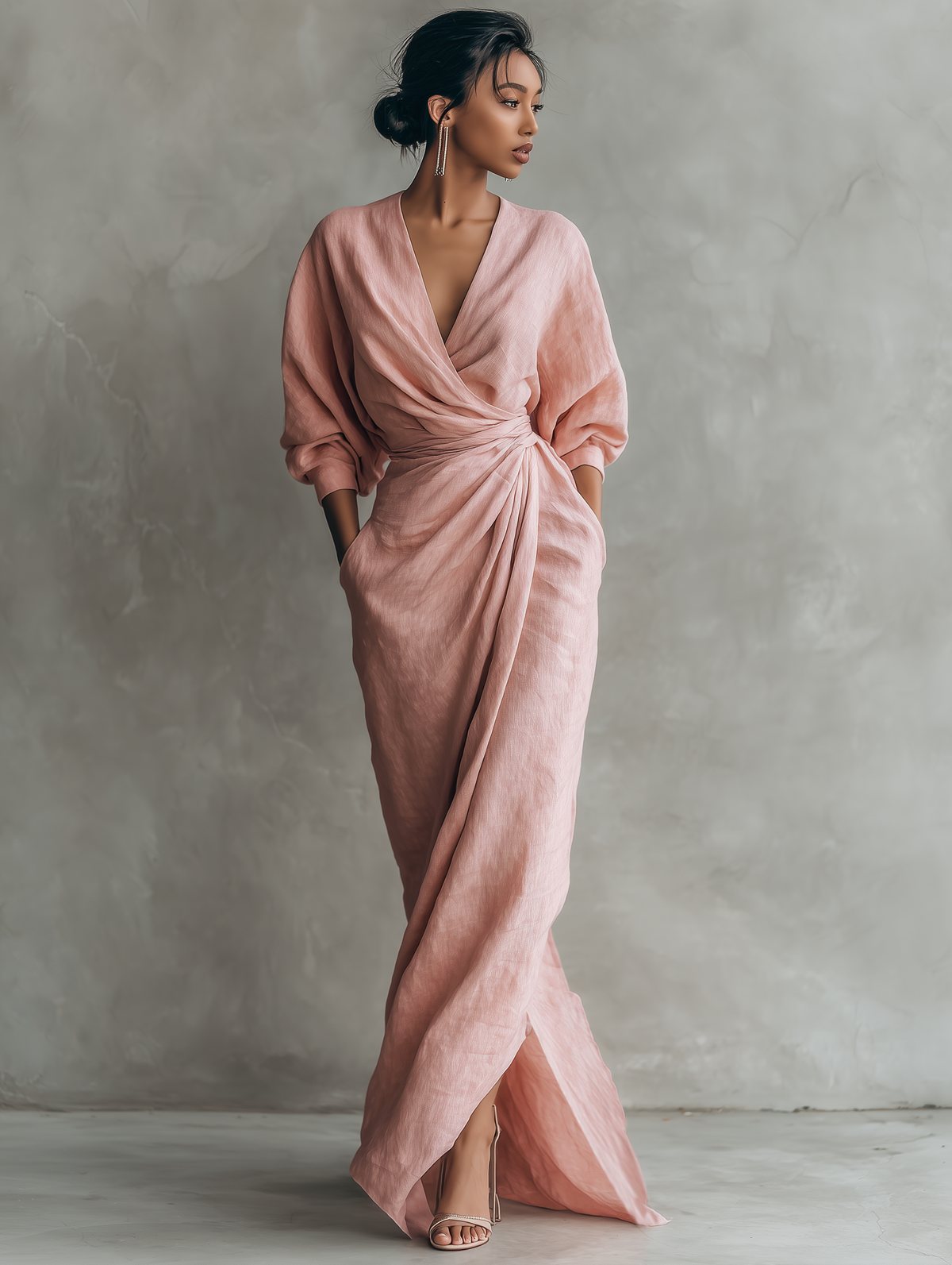 Beatrice - Maxi abito da donna rosa in misto lino, stile minimalista con scollo a V