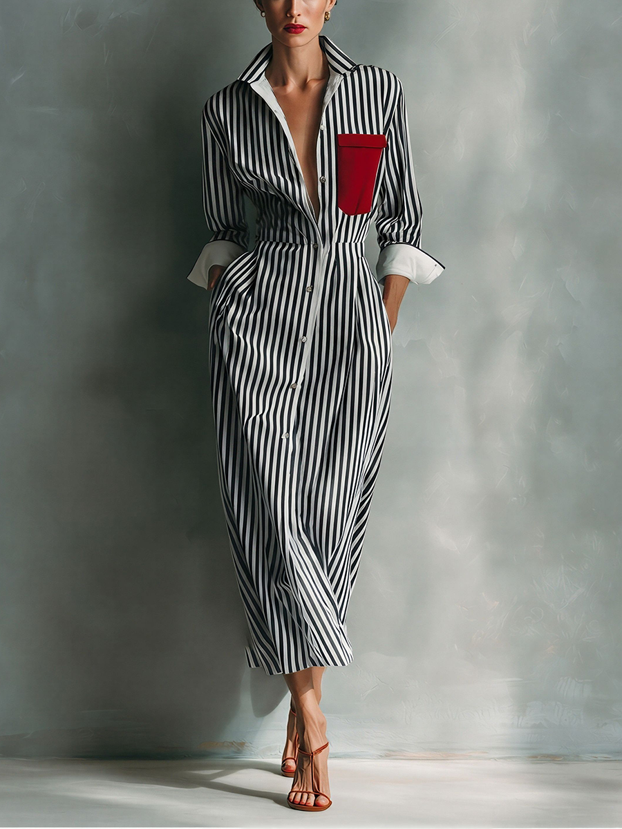 Celeste - Vestito camicia a righe con taschino rosso sul petto