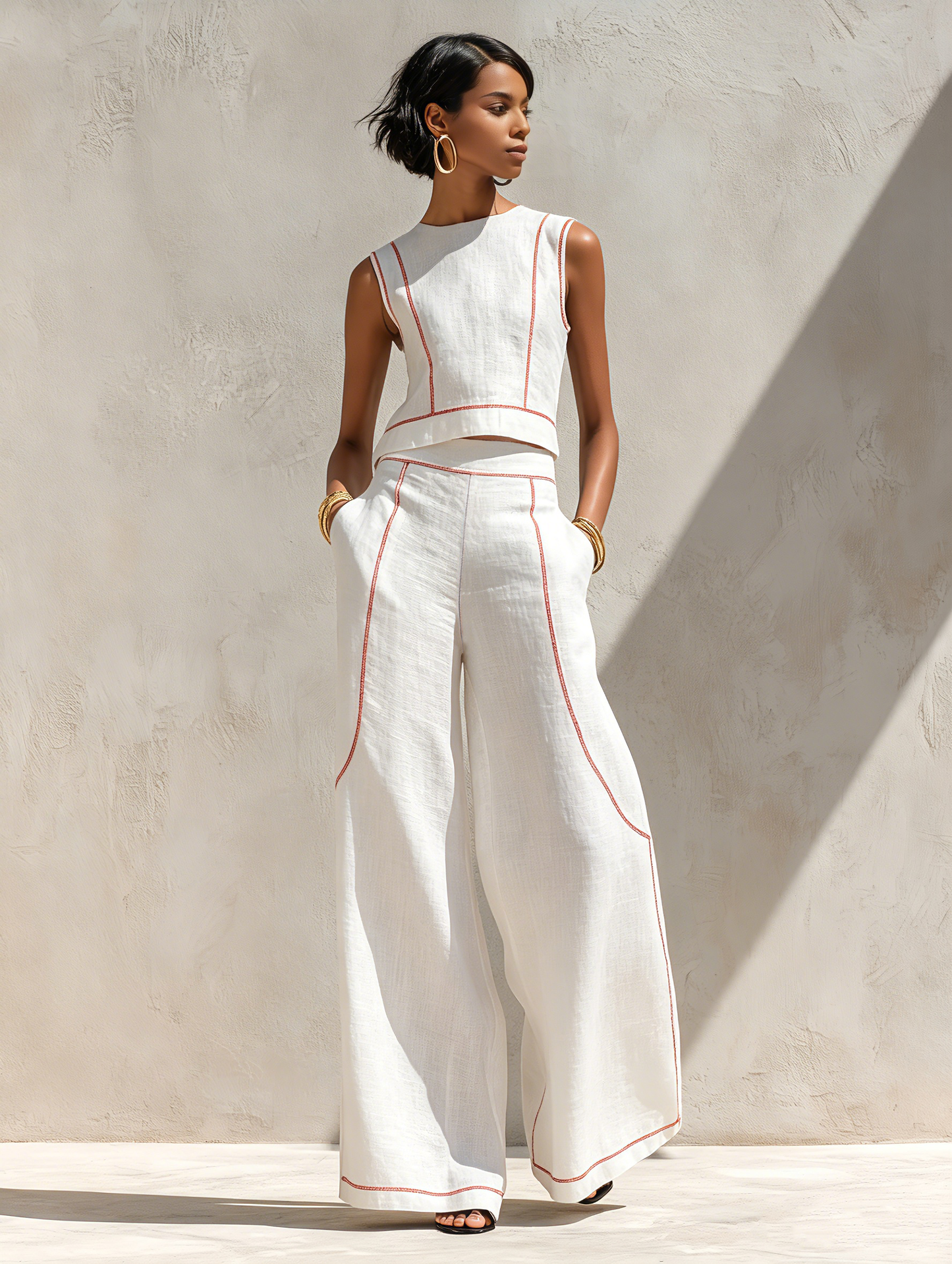 Ruhh - Completo donna minimalista in misto lino con cuciture a contrasto