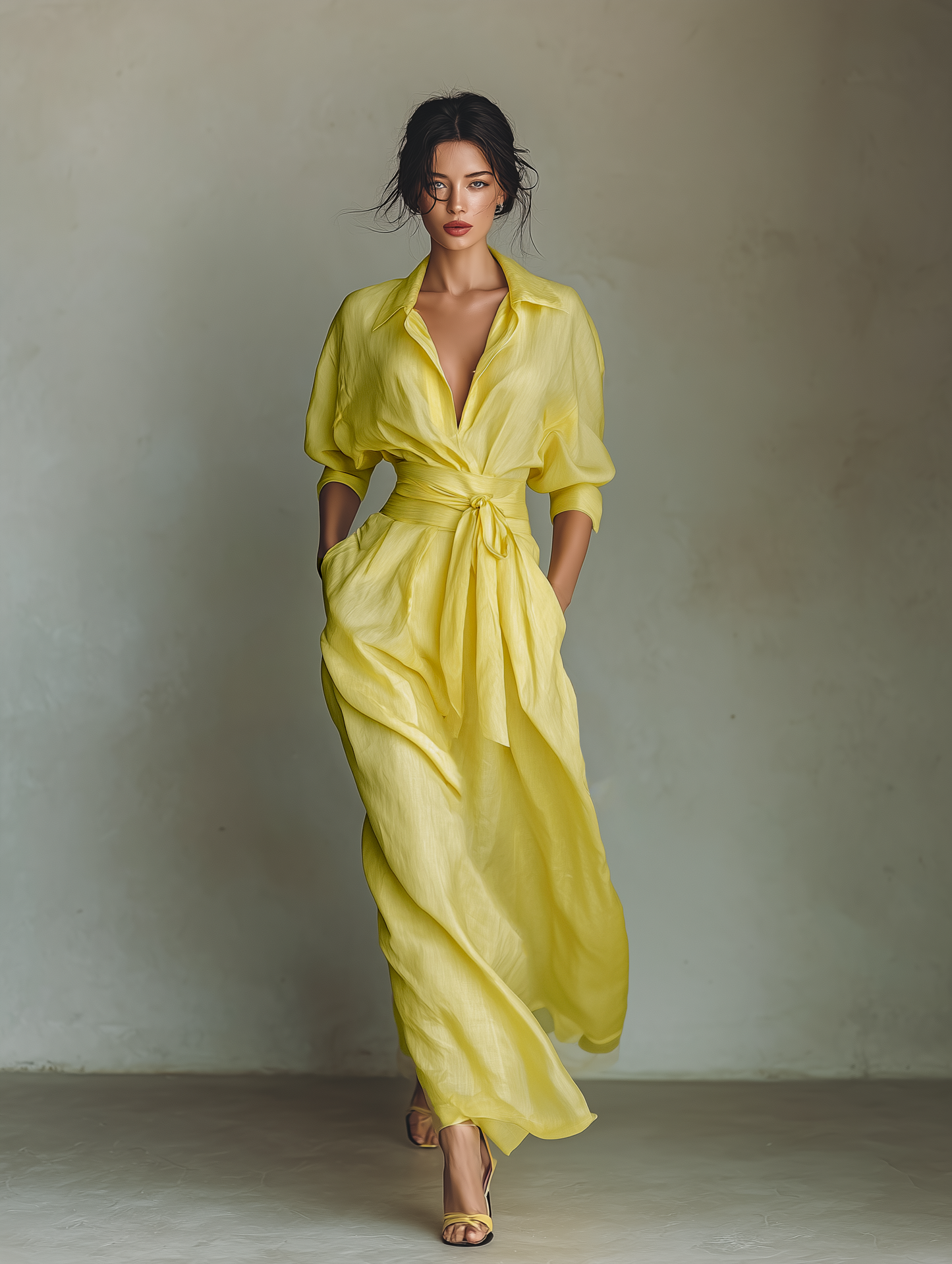 Virginia | Abito chemisier maxi giallo limone con cintura
