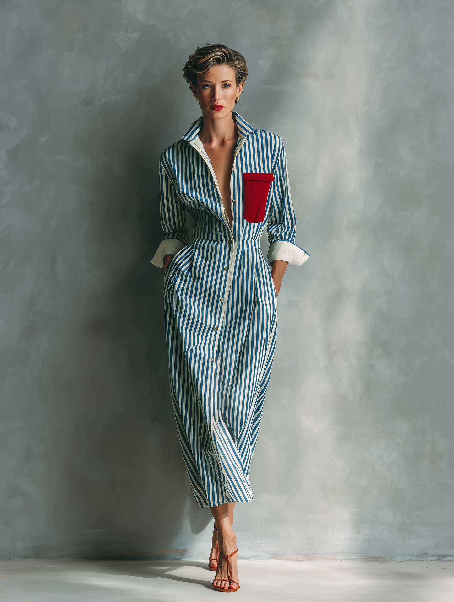 Celeste - Vestito camicia a righe con taschino rosso sul petto