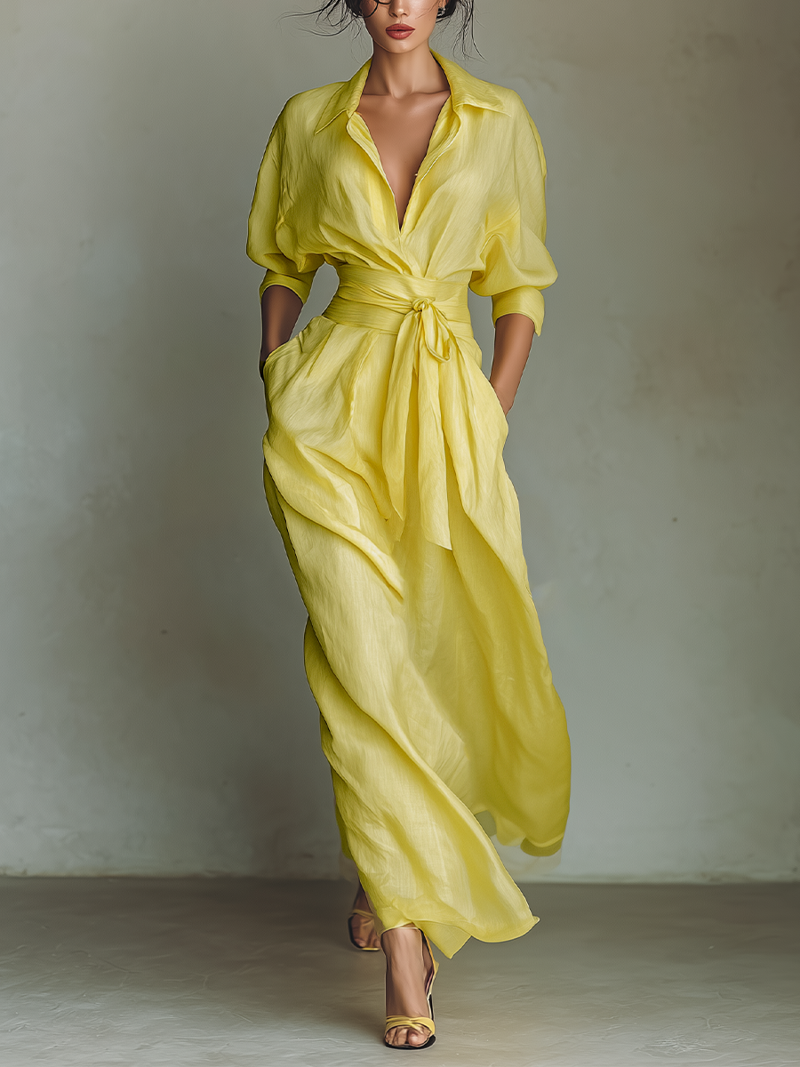 Virginia | Abito chemisier maxi giallo limone con cintura