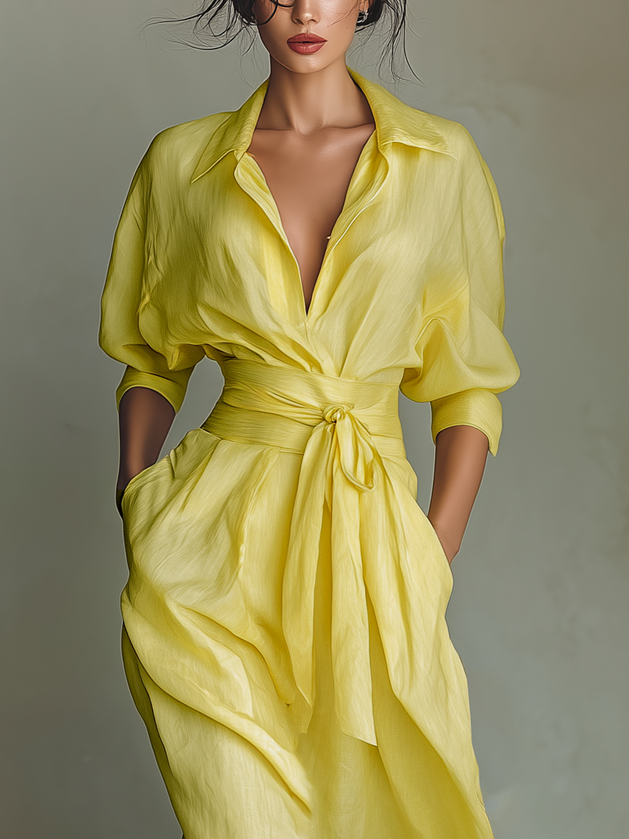 Virginia | Abito chemisier maxi giallo limone con cintura