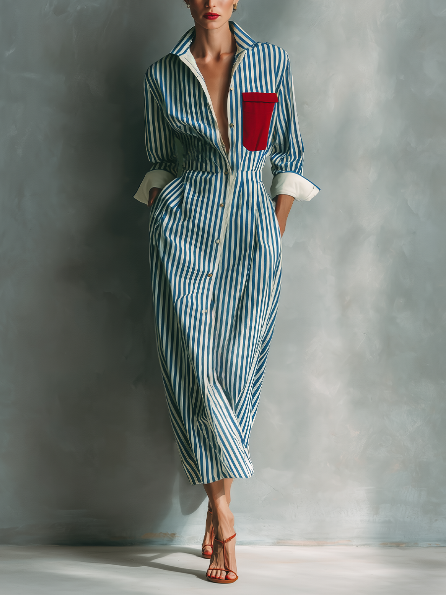 Celeste - Vestito camicia a righe con taschino rosso sul petto