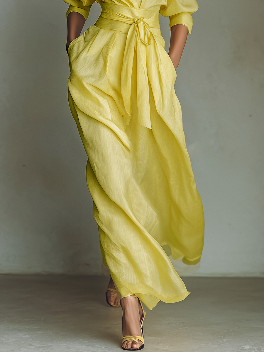 Virginia | Abito chemisier maxi giallo limone con cintura