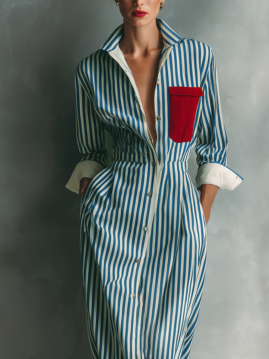 Celeste - Vestito camicia a righe con taschino rosso sul petto