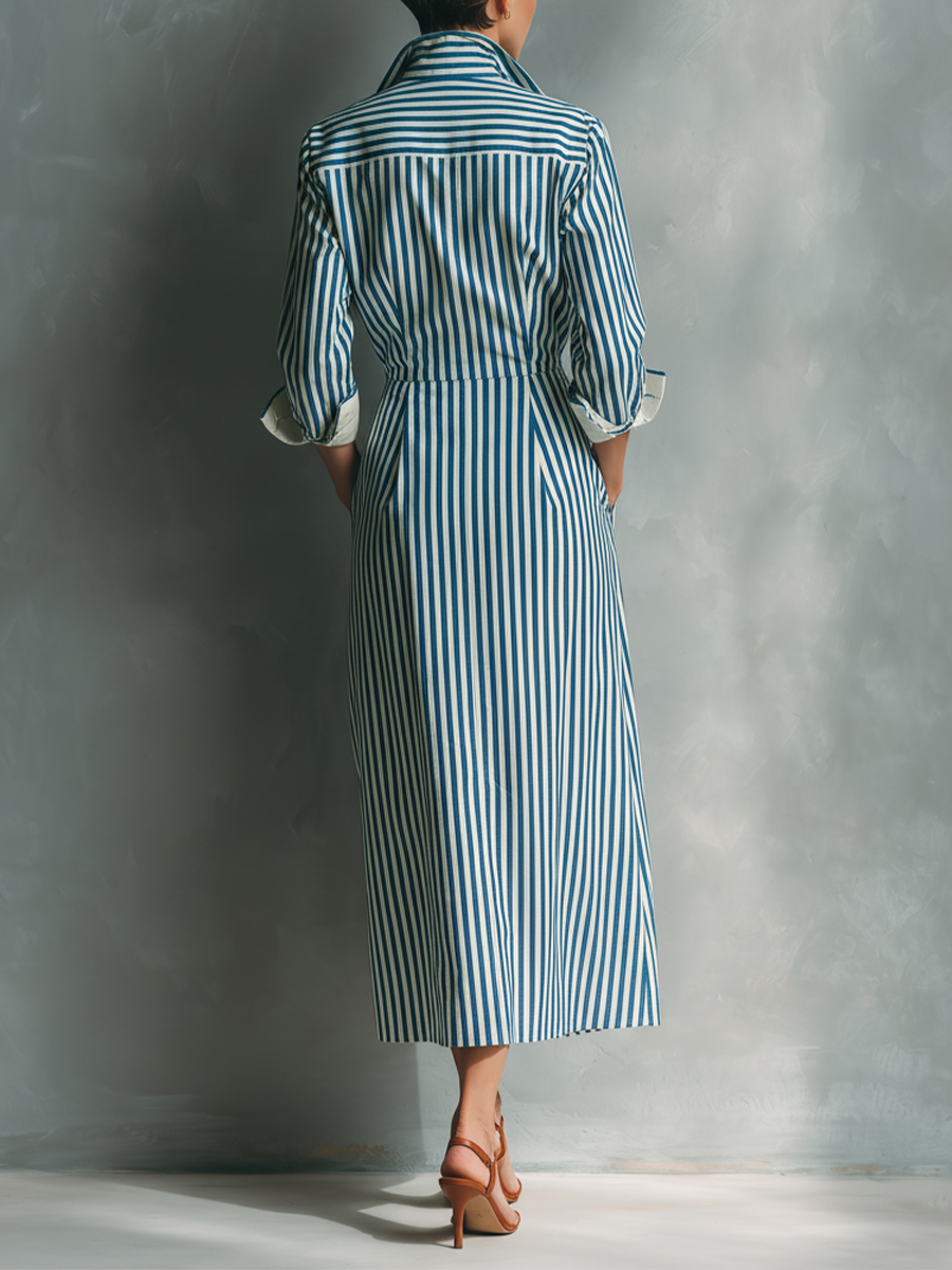 Celeste - Vestito camicia a righe con taschino rosso sul petto