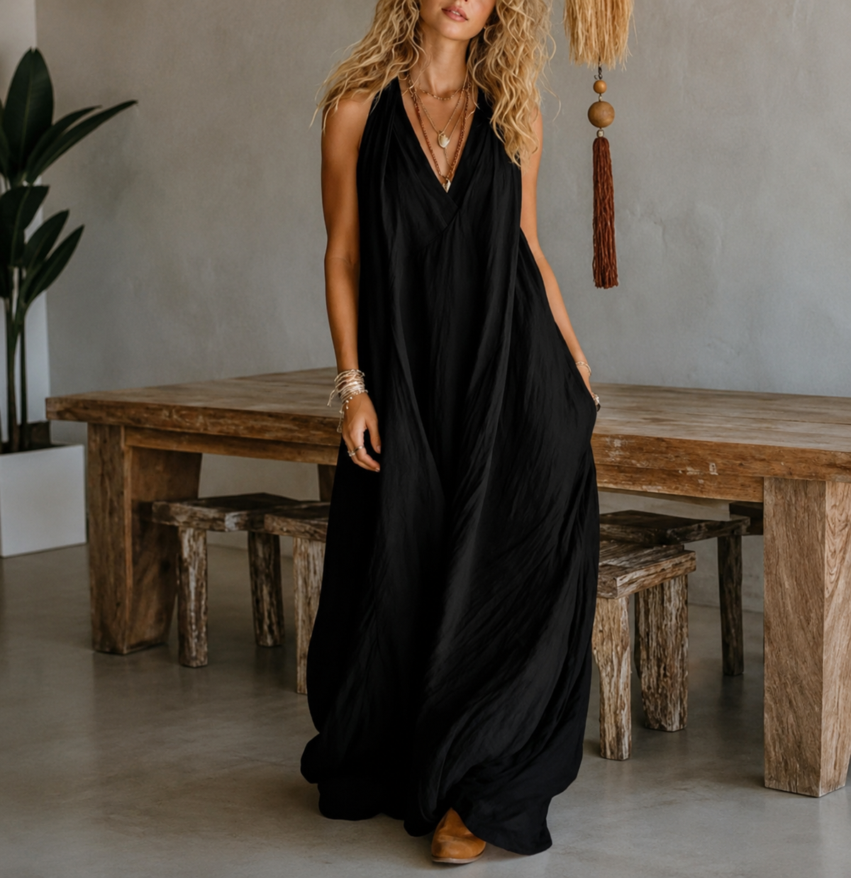 Denissa - Vestido Maxi Bohemio Multicolor con Escote Halter en V