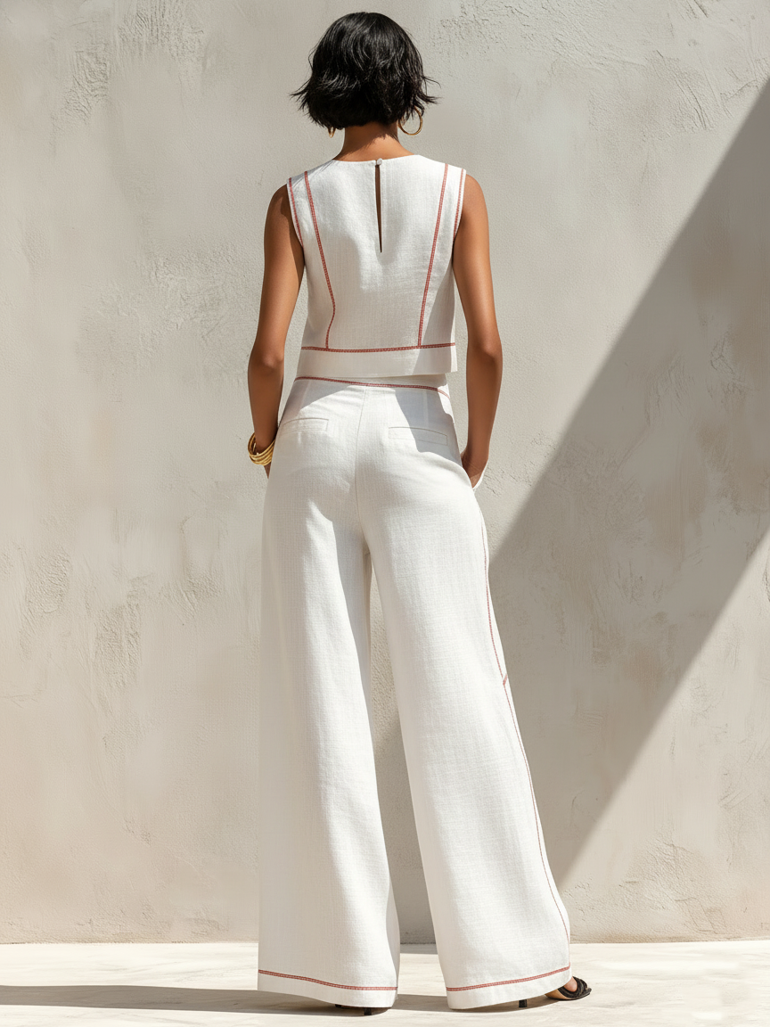 Ruhh - Completo donna minimalista in misto lino con cuciture a contrasto
