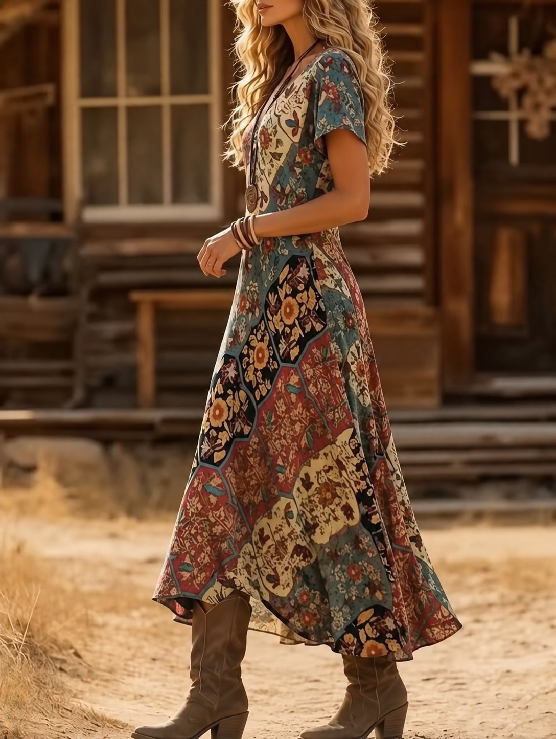 Elsa - Abito lungo in stile bohémien con scollo a V