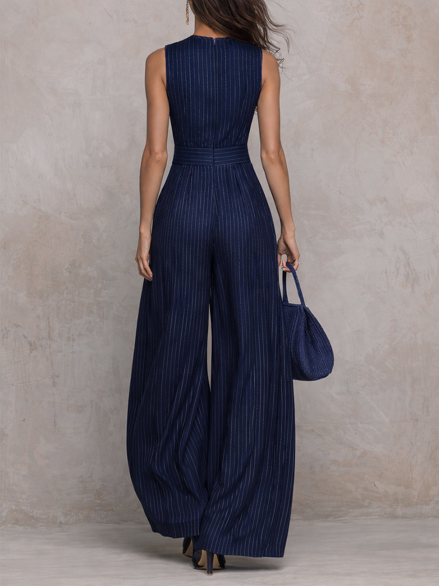 Anna - Tutta blu scuro a righe con scollo a chiave e pantaloni a gamba larga