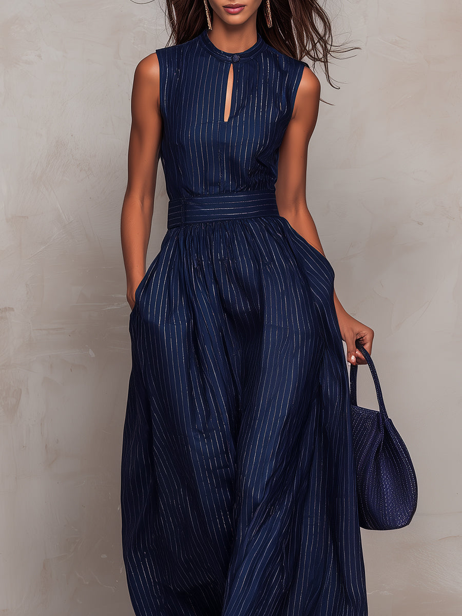 Anna - Tutta blu scuro a righe con scollo a chiave e pantaloni a gamba larga