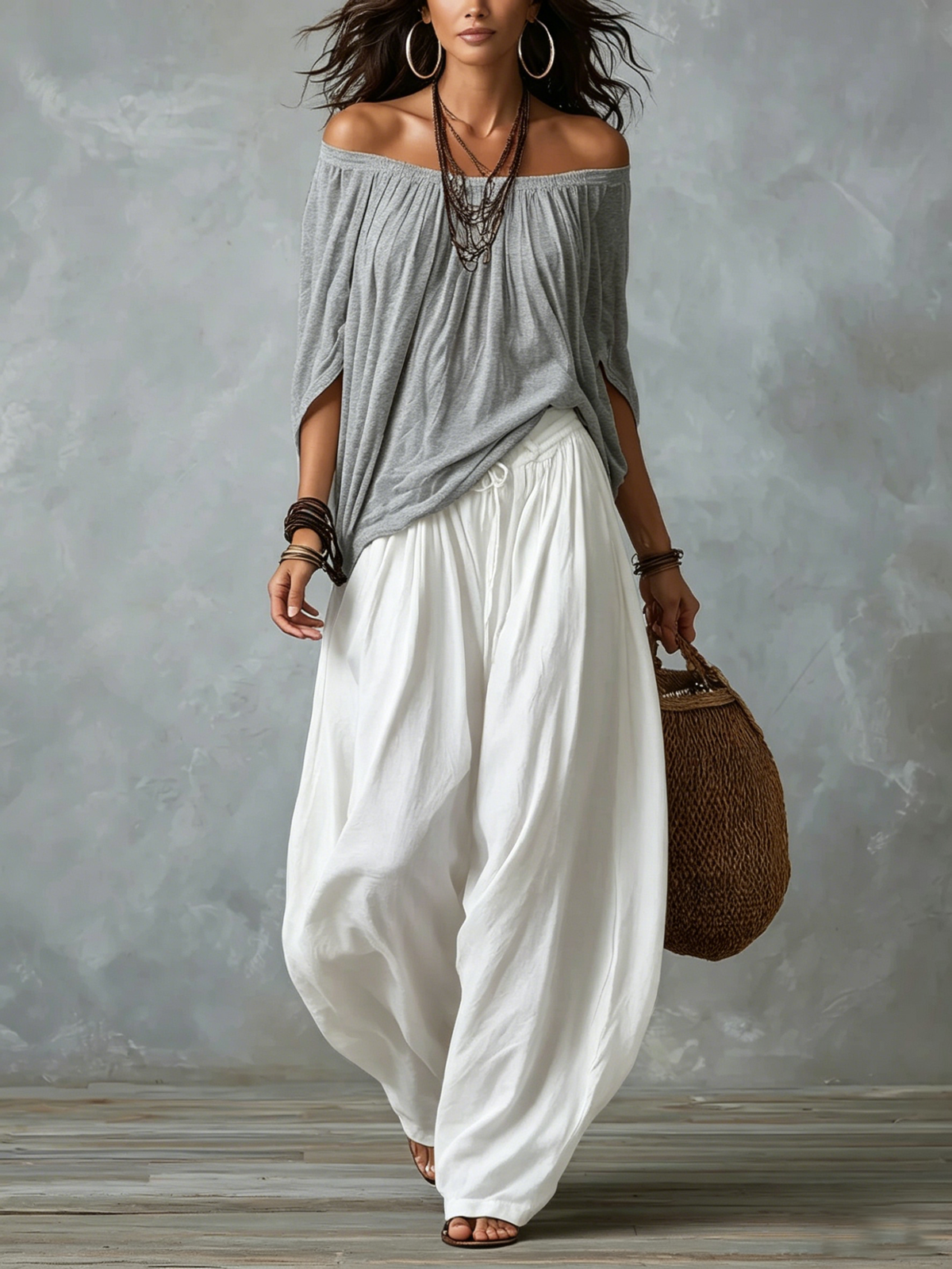 Julianna - Top bianco con spalle scoperte e pantaloni larghi a lanterna