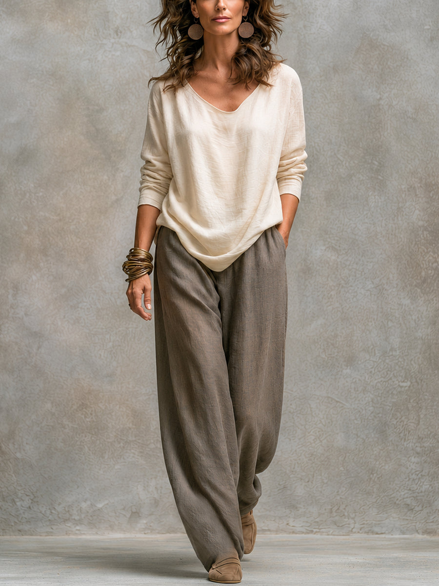 Lidia - Completo casual a tre pezzi in beige e grigio, con pantaloni eleganti a gamba larga