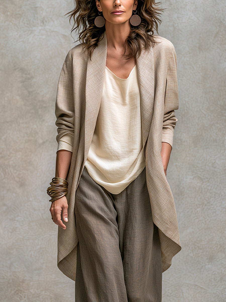 Lidia - Completo casual a tre pezzi in beige e grigio, con pantaloni eleganti a gamba larga