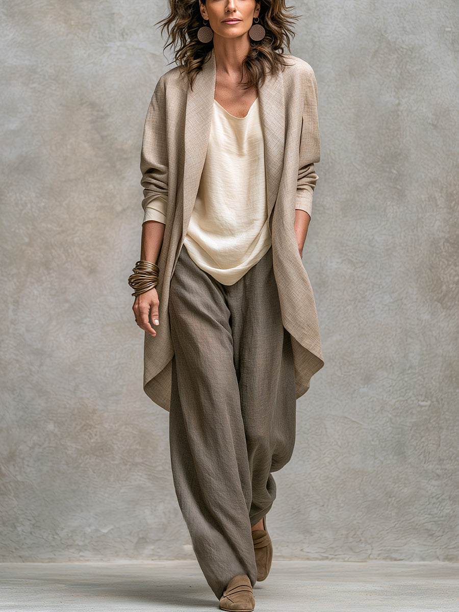 Lidia - Completo casual a tre pezzi in beige e grigio, con pantaloni eleganti a gamba larga