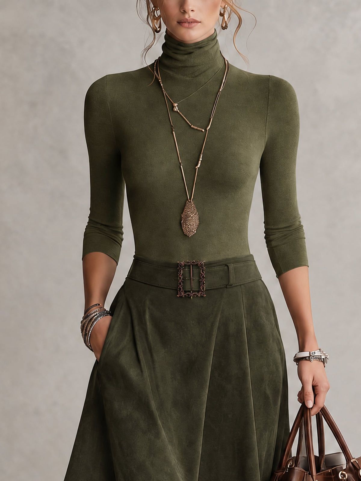 Melicia - Maglione a collo alto elasticizzato verde oliva