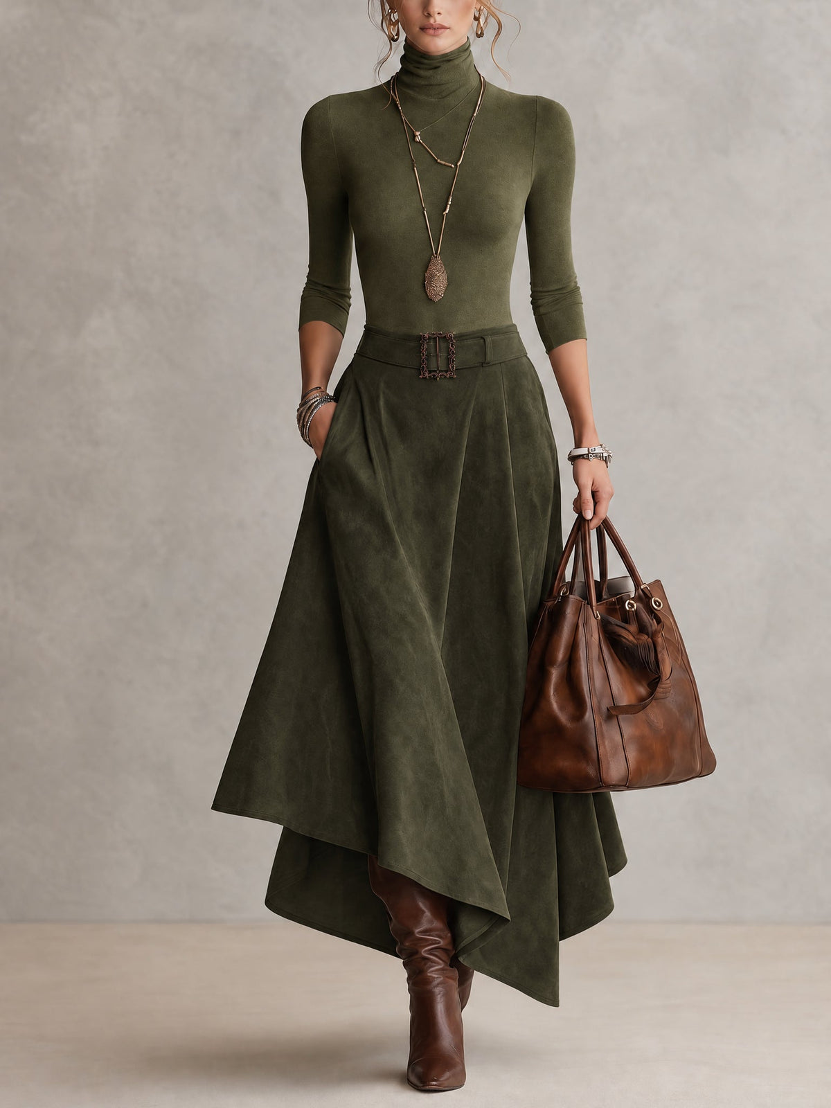 Melicia - Maglione a collo alto elasticizzato verde oliva