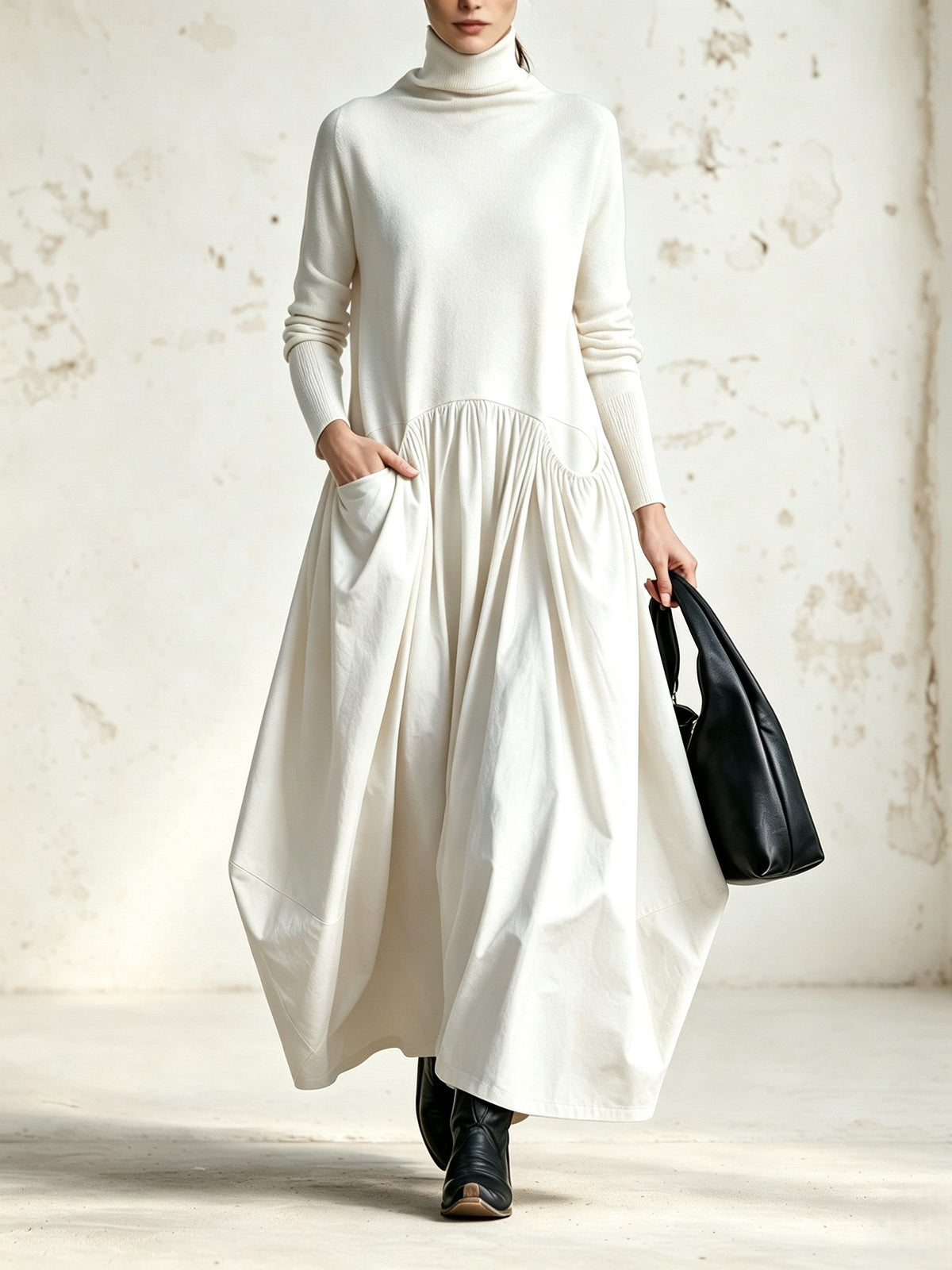 Celinne- Abito lungo oversize nero con collo alto e tasche decorative