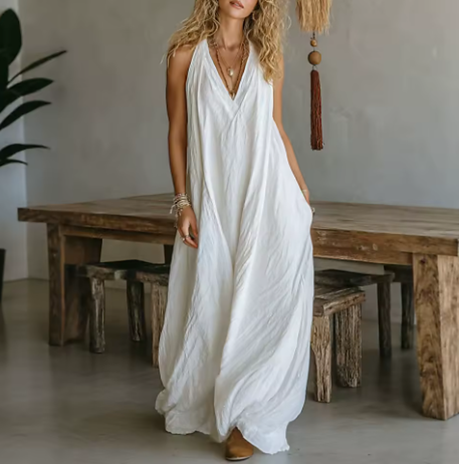 Denissa - Vestido Maxi Bohemio Multicolor con Escote Halter en V