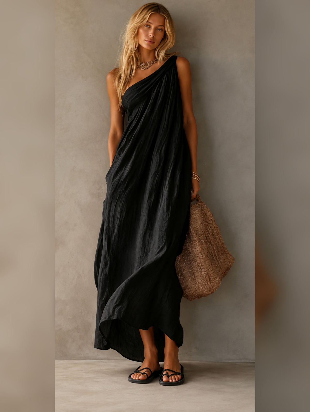 Sorella - Maxi abito elegante, monospalla in misto cotone e lino rosa