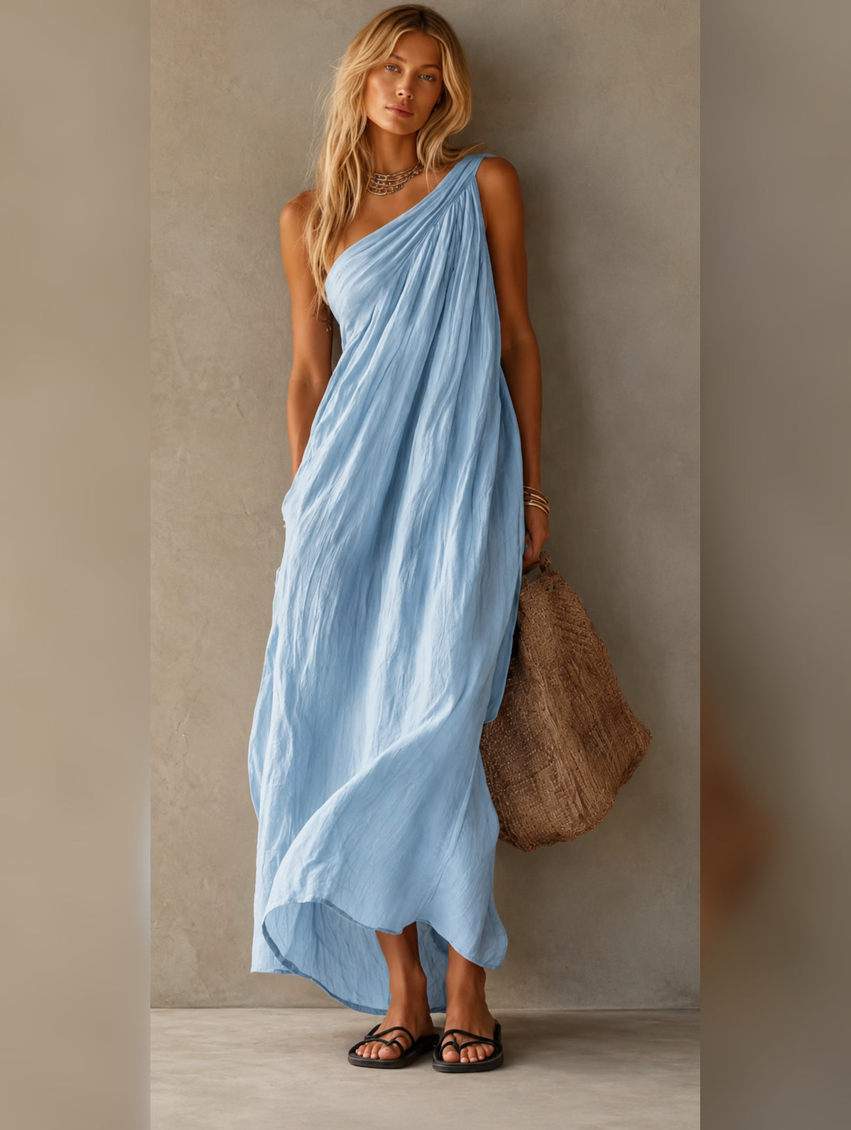 Sorella - Maxi abito elegante, monospalla in misto cotone e lino rosa