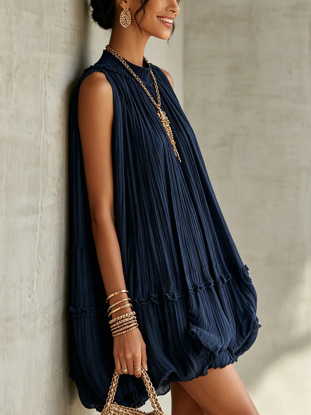 Camilla - Mini abito chiffon con collo all'americana e gonna balloon