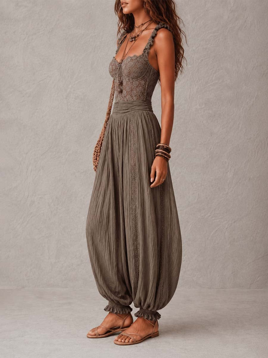 Wanda - Completo con fascia in pizzo grigio e culotte plissettate