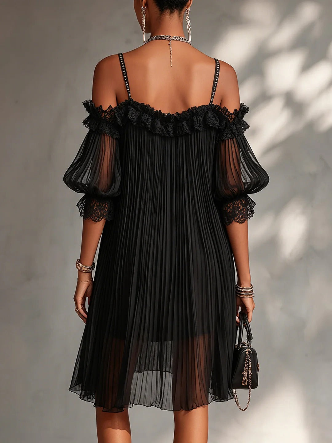 Vittoria - Miniabito nero in chiffon con spalle scoperte
